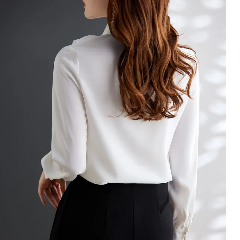 Khaki Long Sleeve Shirt Women Autumn New High End Fashion Temperament Formal Chiffon Blouses Office Ladies Work Tops White