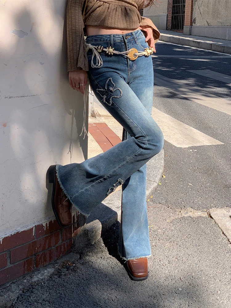 

Blue 3D Denim Flared Pants Women's Casual High Waist Zipper Closure Spring Autumn Deep Color Versatile Long Jeans