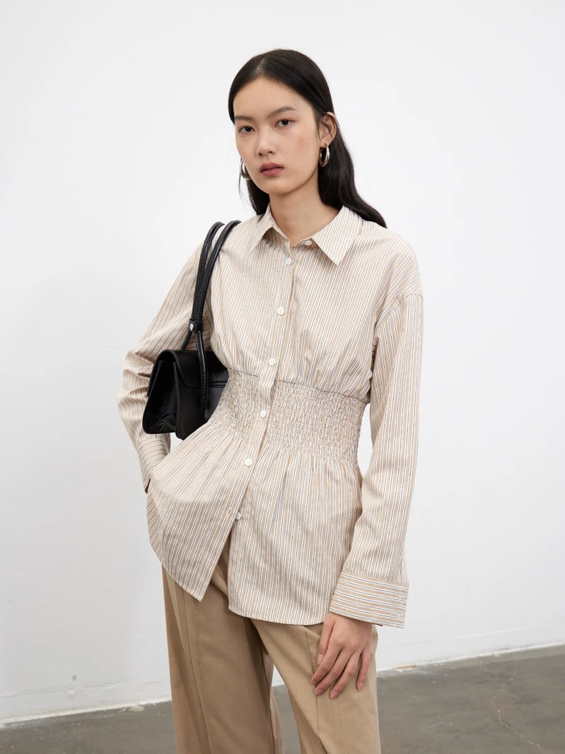 

Белая женская рубашка из чистого хлопка с завышенной талией, длинными рукавами, матовым дизайном и полосатым узором, для повседневной носки, осенняя коллекция