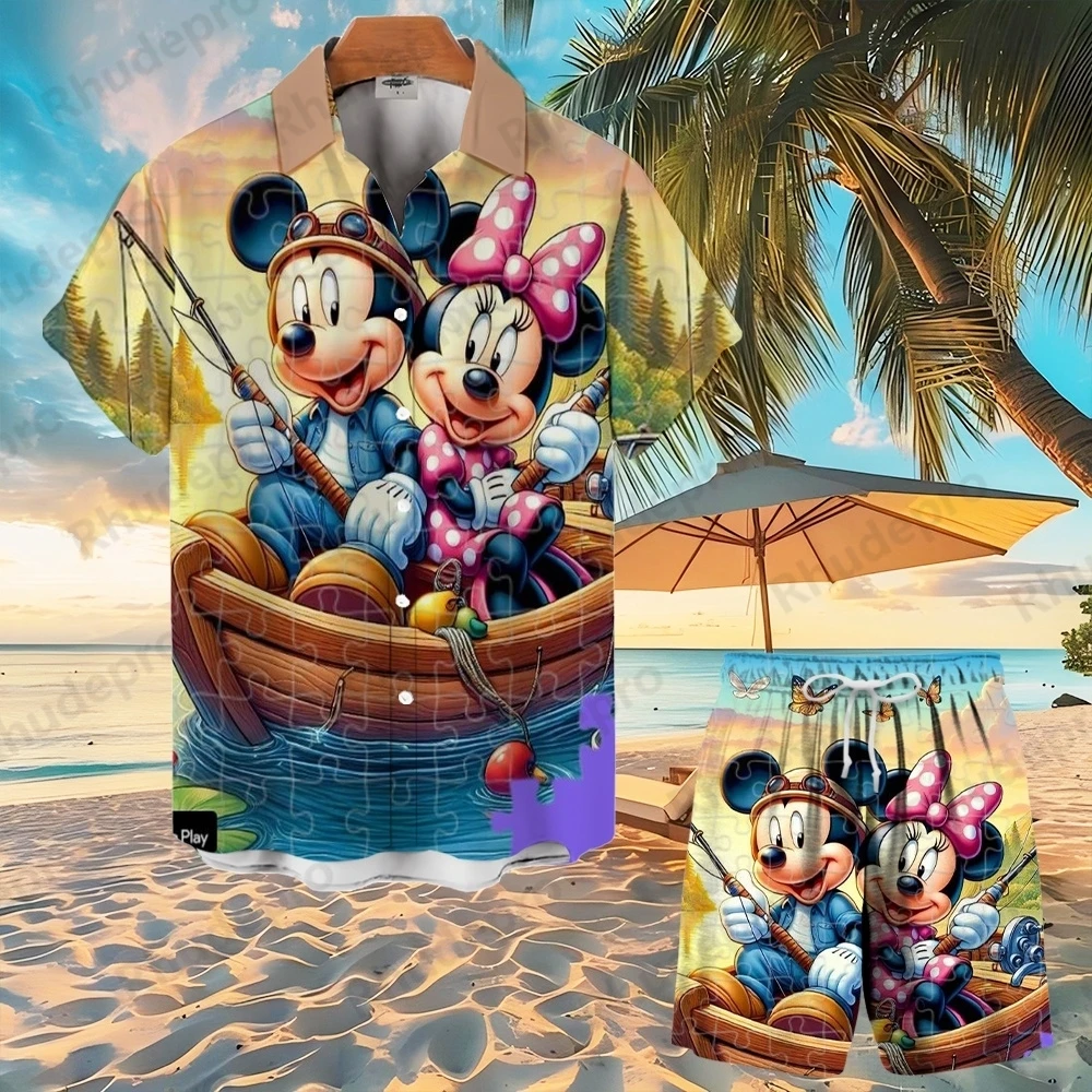 2025 ディズニーミッキーマウス 3d プリントアロハシャツスーツ男性と女性のファッションボタン半袖ショートスーツビーチ