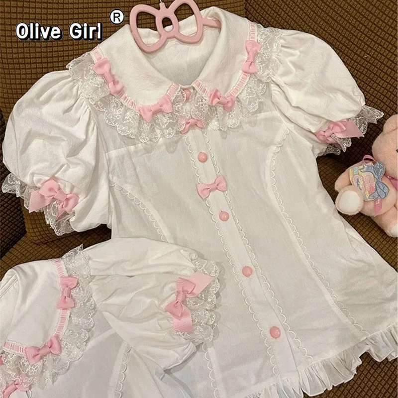 Olivegirl Blouse Shirt Women Girl's Top Lolita Cute Versatile Lolita with Stripes Strawberries Pink Bow Original Summer Shirt