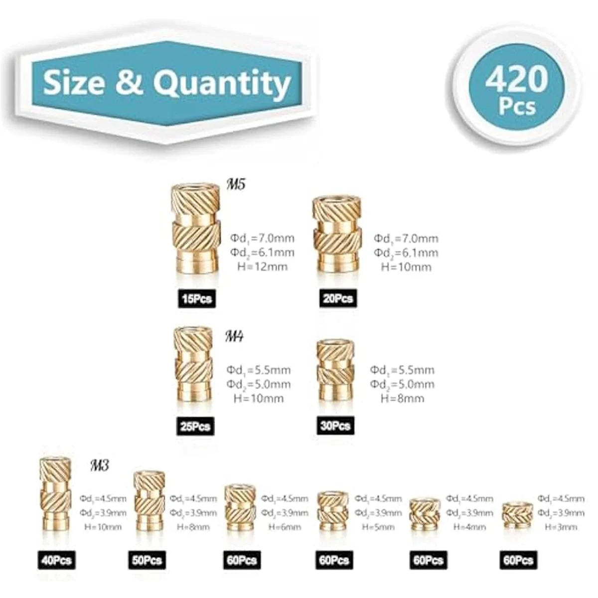 420Pcs M3/M4/M5 Threaded Inserts Assortment Kit for Components,Brass Knurled Nuts,Insert By Heat Into Plastic Parts
