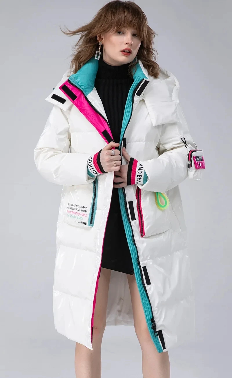 Winter Glossy Long Hooded Jacket Parka Women White Duck Down Big Pocket Knee Length Down Jacket Female Warm Down Outwears Coat