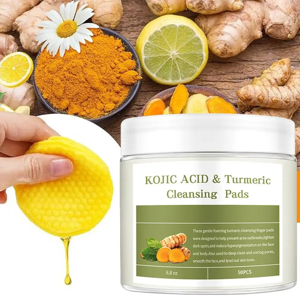 Novo 50 pçs almofadas de limpeza de ácido kójico manchas escuras maquiagem poros remoção suave cúrcuma limpeza rosto algodão esfoliante e4g3