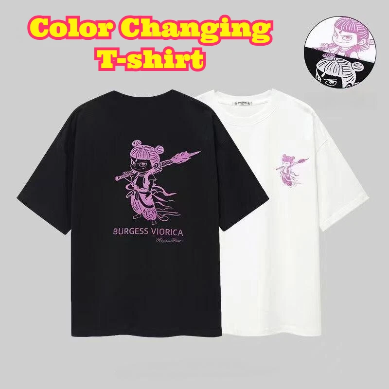 

Thermo Color Changing Printed Pure Cotton Short Sleeve Summer Breathable Loose Round Neck Fashion Casual Half Sleeve Daily Wear