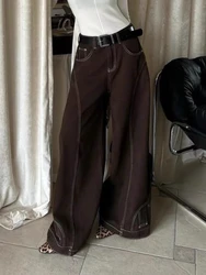 HOUZHOU Vintage Brown Wide Leg Jeans Women Y2k High Street Baggy Denim Trousers Grunge Hip Hop American Retro Oversized Jeans