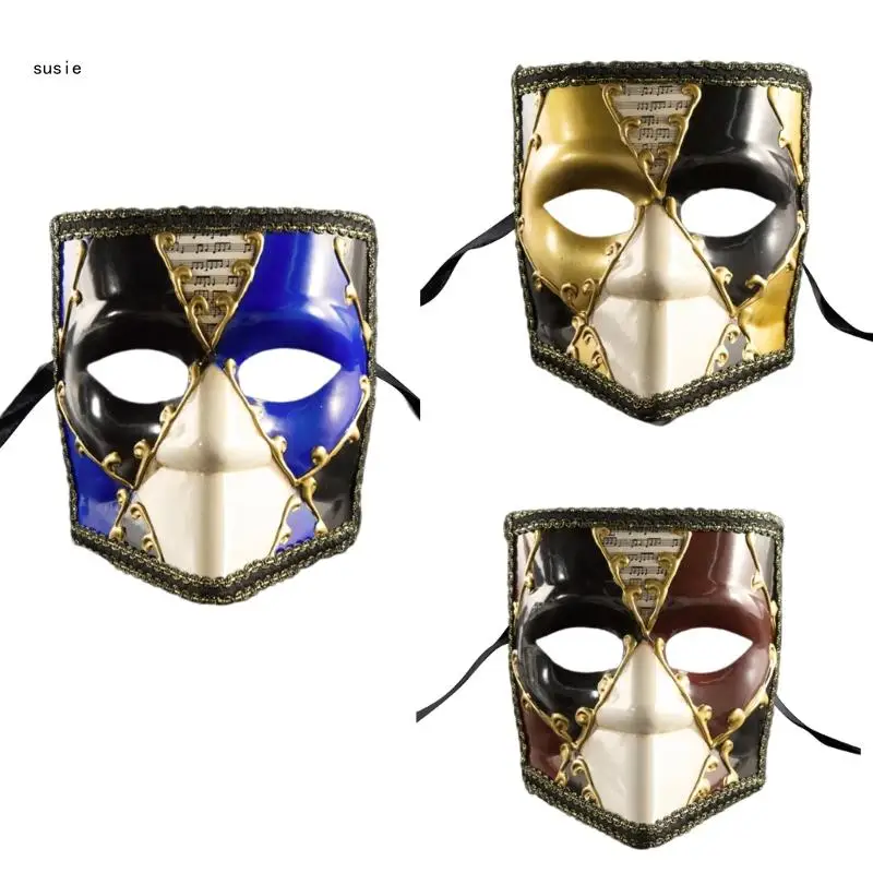 X7YA Mens Vintage Styles หน้ากากใบหน้าเต็มรูปแบบ Masquerade เครื่องแต่งกายอุปกรณ์เสริม