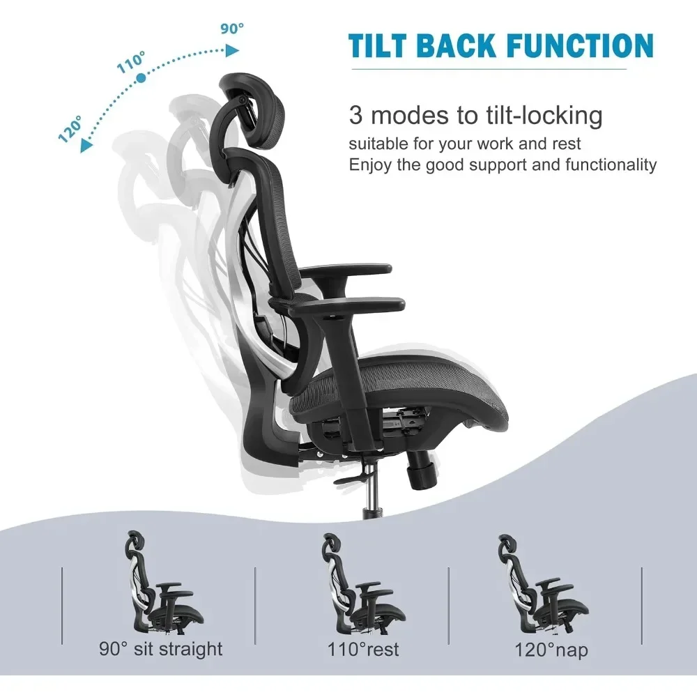 Sedia da ufficio ergonomica, sedia da scrivania in rete con supporto lombare, braccia 3D regolabili, poggiatesta reclinabile e sedile grande-grande e Tal