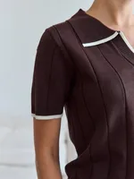 Brown Contrast White Trim Knit Polo Top for Women Short Sleeve V Neck Slim Fit Casual Knitwear - Image 5