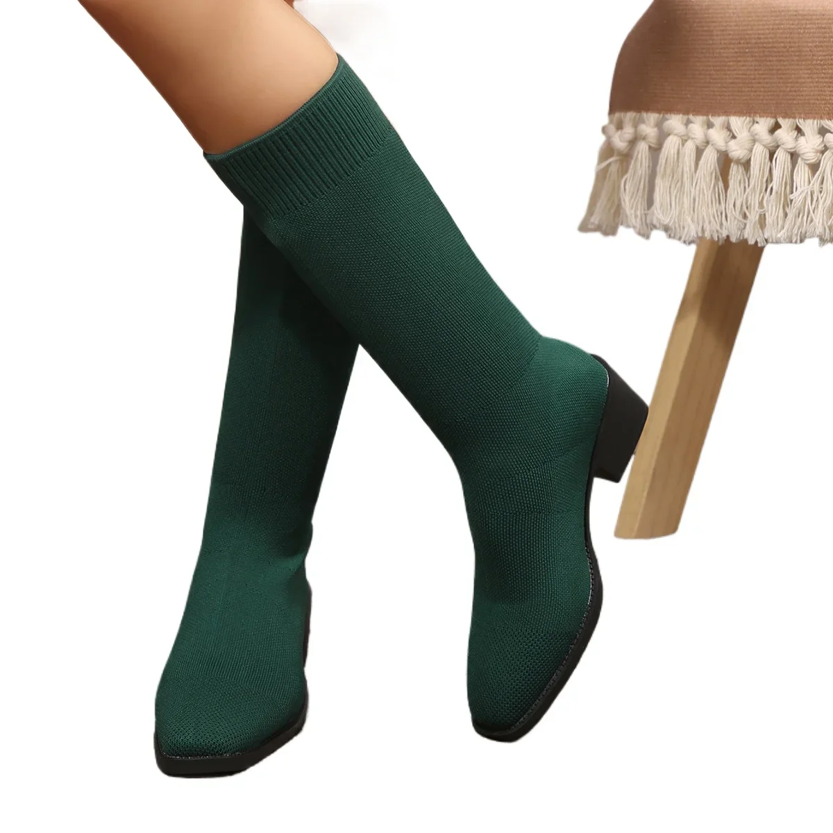 Frühling Herbst Mode Damenstiefel Quadratische Spitze Gestrickte Sockenstiefel Slip-on Halbstiefel Damen High Heels Übergrößen 35-43 Schuhe – Detail 10