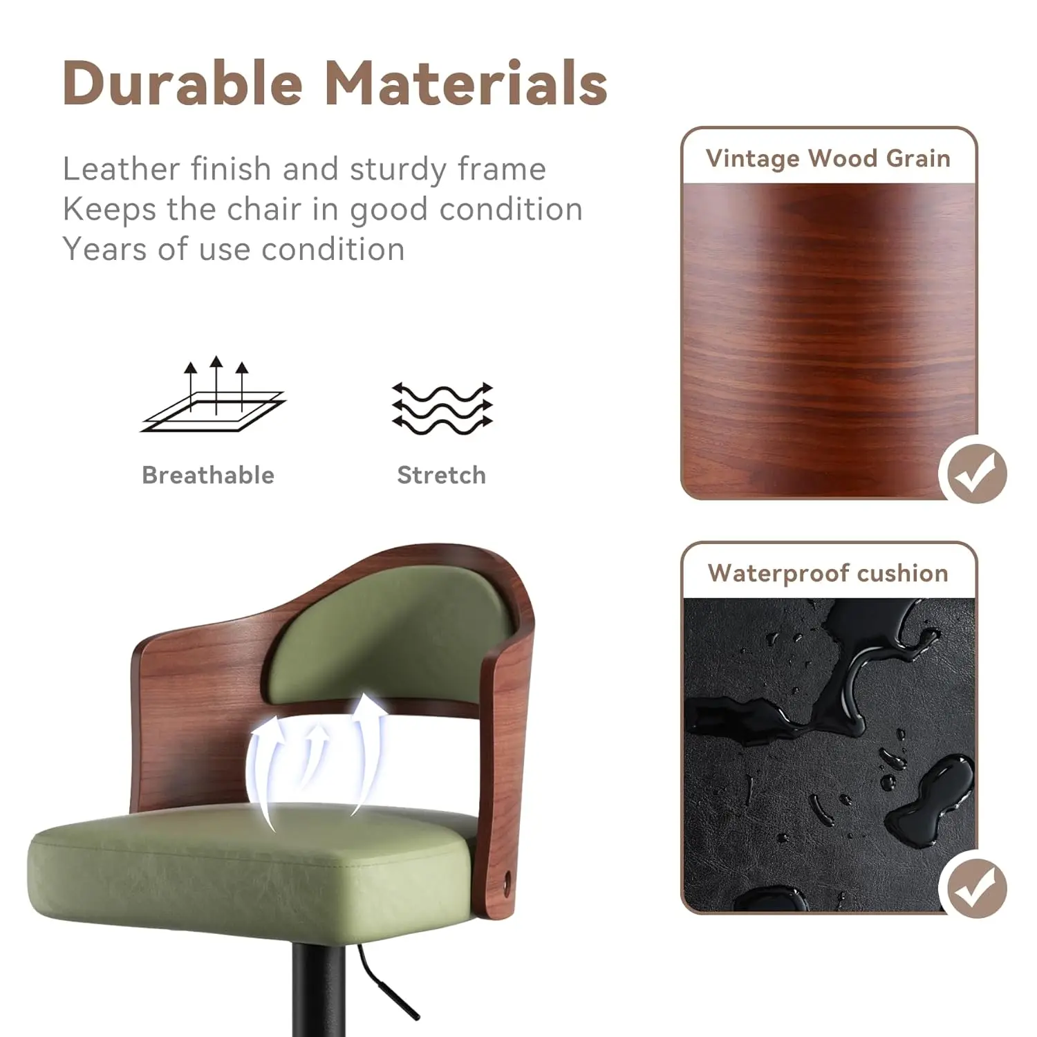 Swivel Bar Stools Set of 2 Seat Adjustable Height 24.5-33.5IN, Wooden Barstools PU Leather Upholstered Bar Chairs, Customized