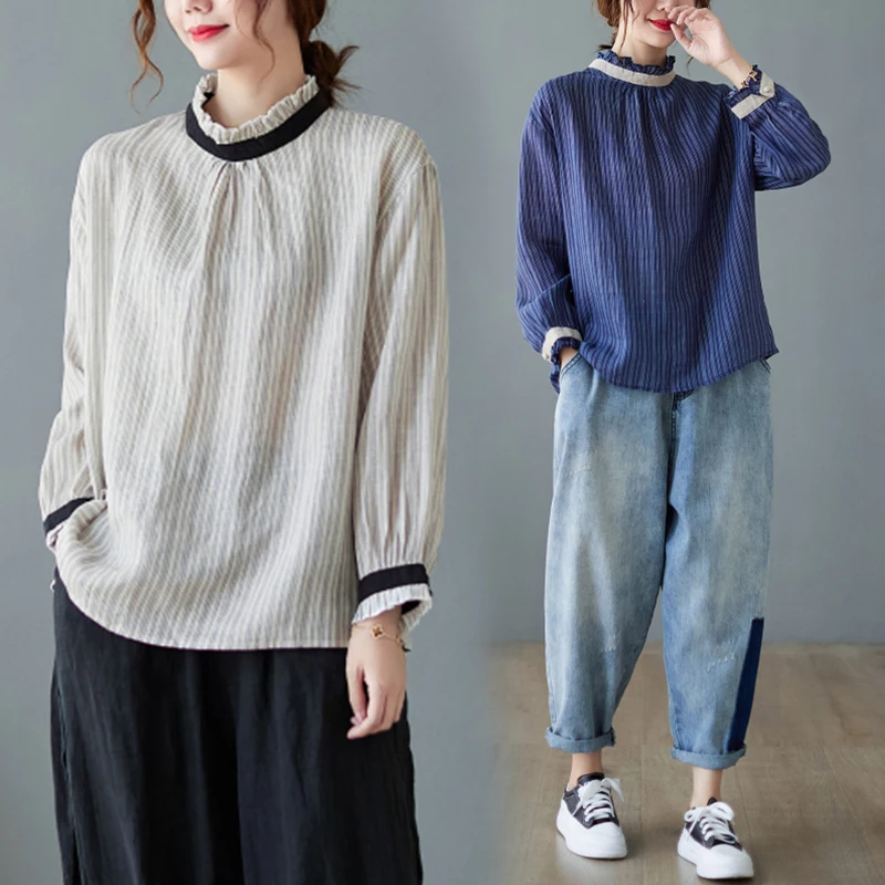 

Женский хлопково-льняной топ большого размера в полоску в стиле пэчворк с воротником с рюшами, длинный осенний топ све, свободный крой, для поездок на работу