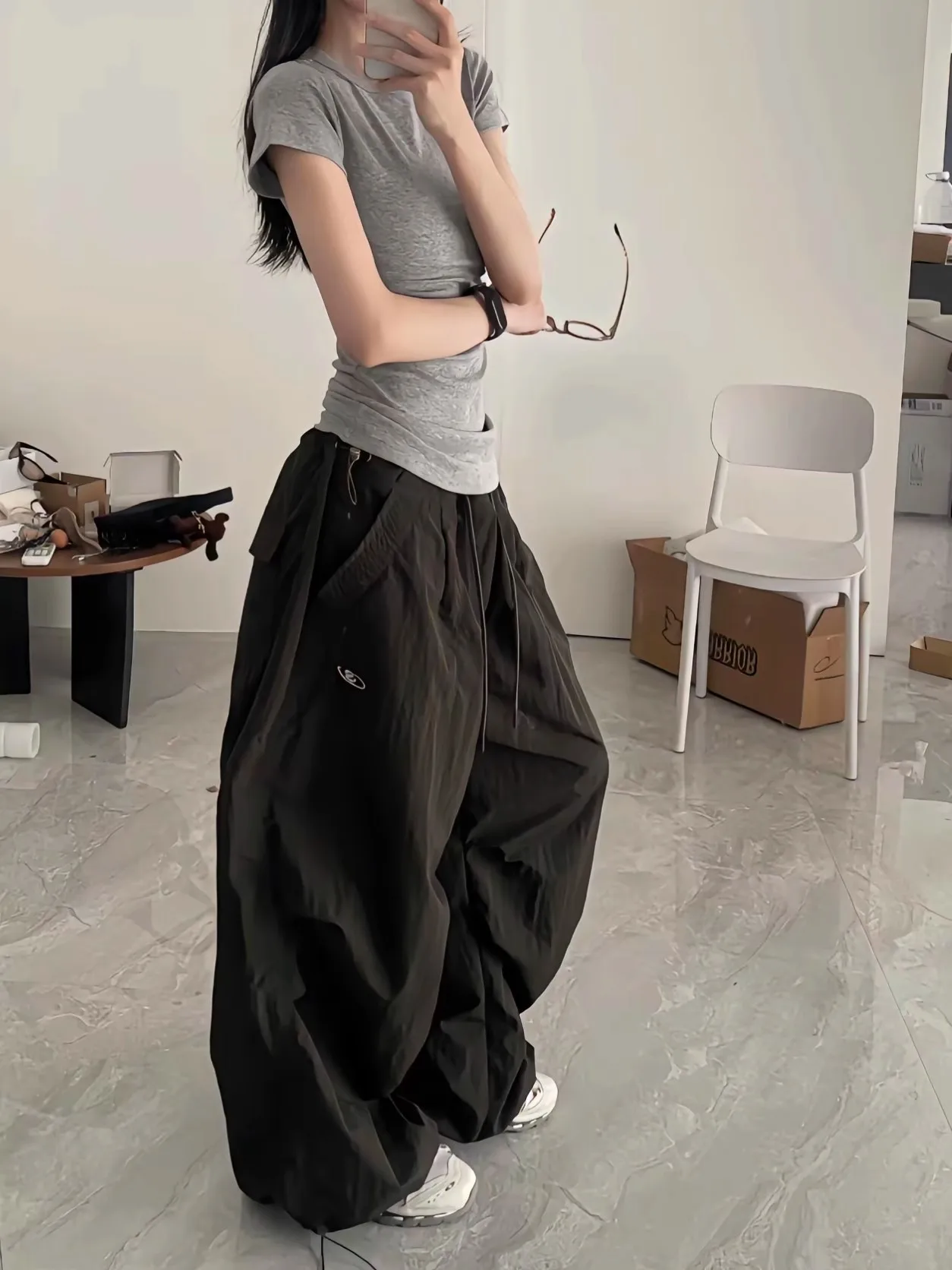 Woman Y2K Parachute White Pants Harajuku Streetwear Embroidery Wide Leg Jogger Trousers Oversized Pockets Baggy Cargo Sweatpants