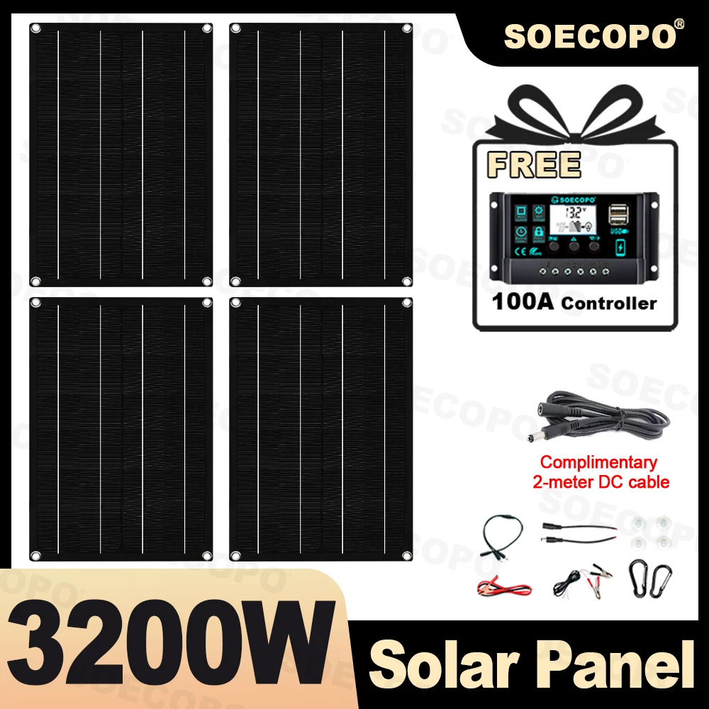 SOECOPO 3200W Portable Solar Panel Set 4*800W Solar Panels with Free 100A Controller USB 5V Perfect for Camping Photovoltaic