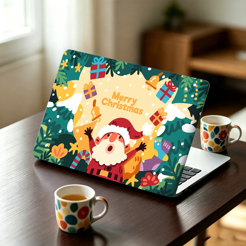 Laptop Decal 2Pcs/Set, Self-Adhesive Vinyl Merry Christmas Santa Reindeer Print Sticker for Notebook Front & Keyboard Panel