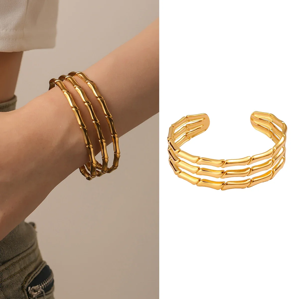 Multi-Layer Hollow Cuff Bracelet for Women, Stainless Steel Wide Bangle, Fashion Luxury Jewelry, Layered Bracelet Gift