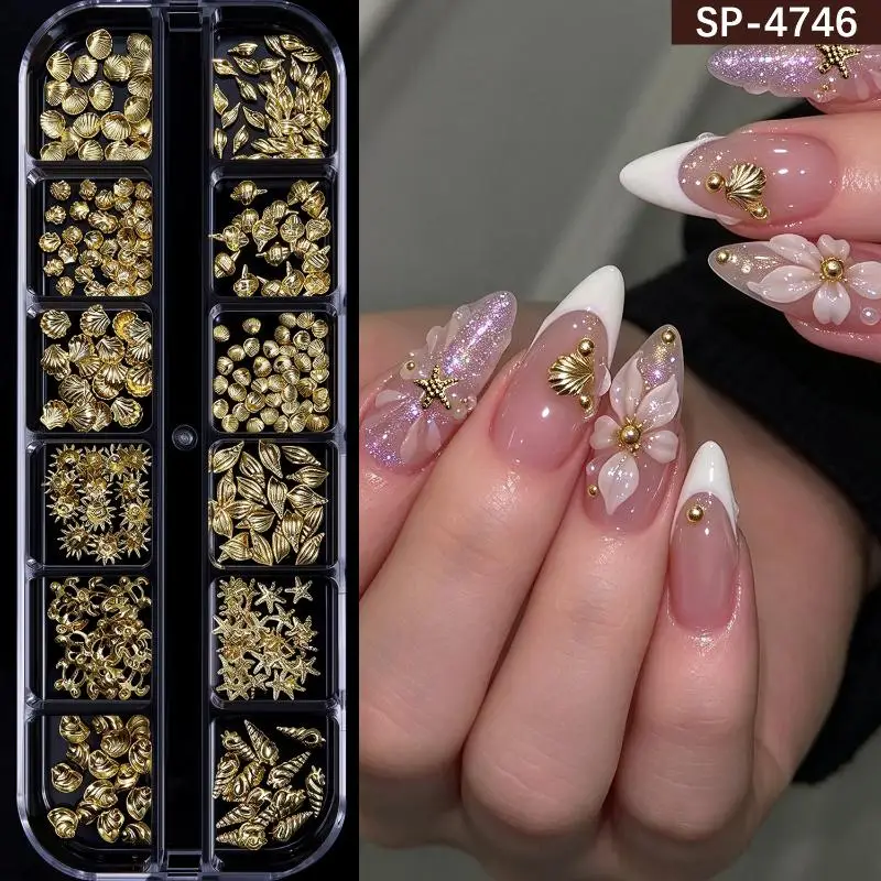 12Gird 3D Metallic Ocean Nail Art Stud Mix Gold Shell Starfish Conch Rivet Manicure Accessories