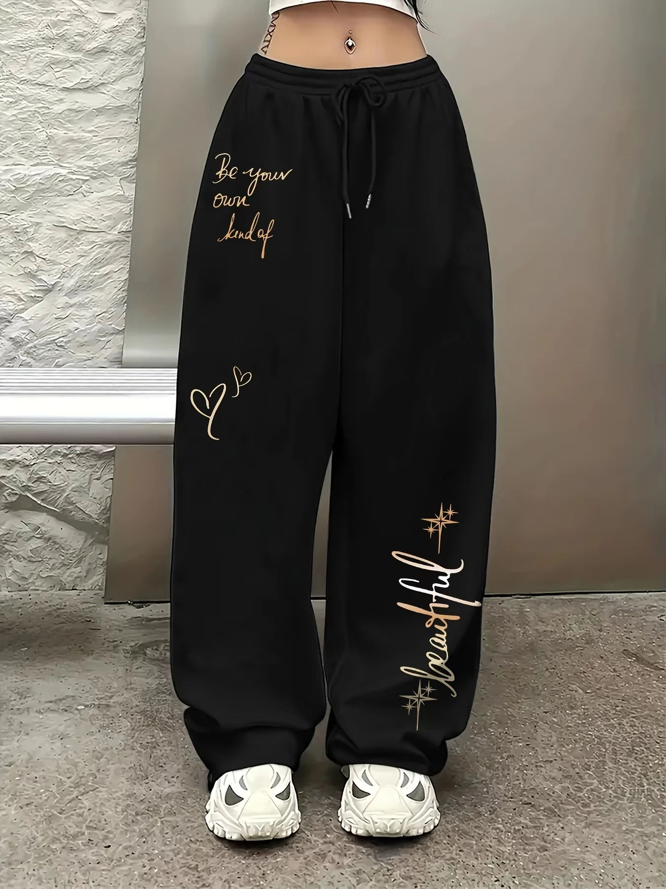 Wide Leg Sweatpants Be Your Own Kind of Beautiful Gold Cursive Letter Heart Star Print Elastic Drawstring Loose Casual Trousers