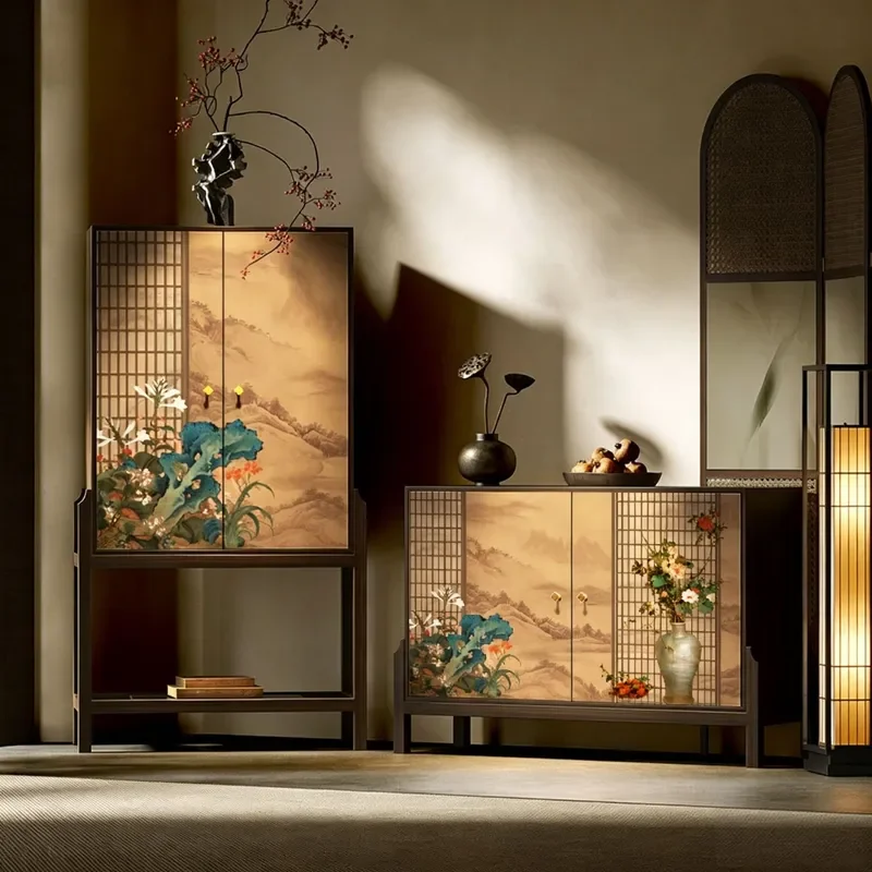 New Chinese Style Solid Wood High Low Combined Cabinet with Grid Flower and Bird Pattern Entryway Porch Storage Locker Tea