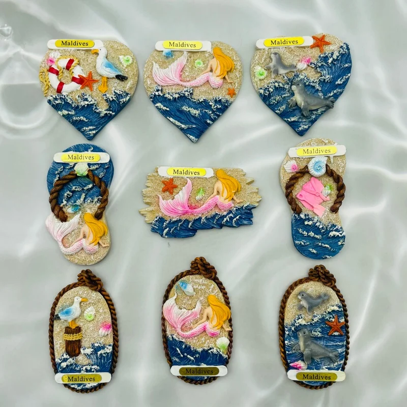 Maldives 3D Resin Fridge Magnet Ocean Mermaid Sea Lion Seagull Beach Wave Refrigerator Magnet Travel Souvenir Home Decor Gift