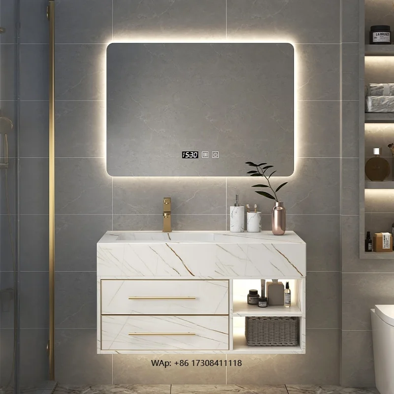 Armário de banheiro de luxo com luz moderna, bancada de granito artificial, espelho inteligente, durável, resistente à água, 5 anos de garantia