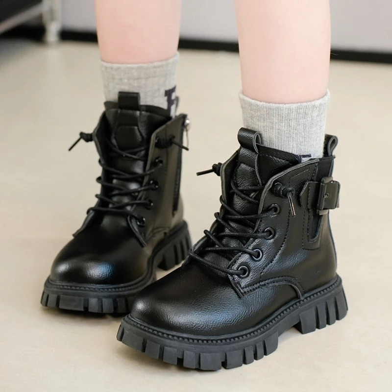

Classic Children's Ankle Boots Black Thick Bottom Girls Fashion School Leather Boots Causal Versatile Kids Catwalk Short Boots