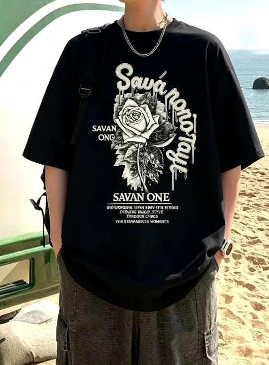 2026 Men Vintage Sketch Rose Flower Graphic T Shirt Drip Letter Slogan Chest Print Crewneck Tees Unisex White Oversized Short