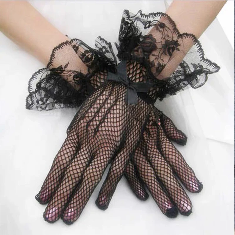 Short Lace Bride Gloves Bow Sheer Fishnet Mesh White Gloves For Women Bridal Wedding Dress Full Finger Mittens Party Accessories