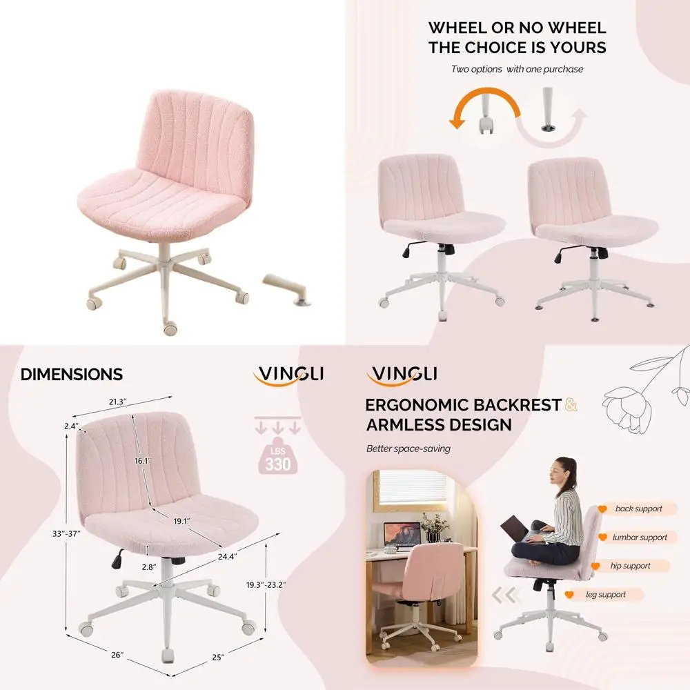 

Wide Cushioned Office Chair with Optional Wheels, Armless Swivel Chair for Study and Makeup, Pink Teddy Fleece