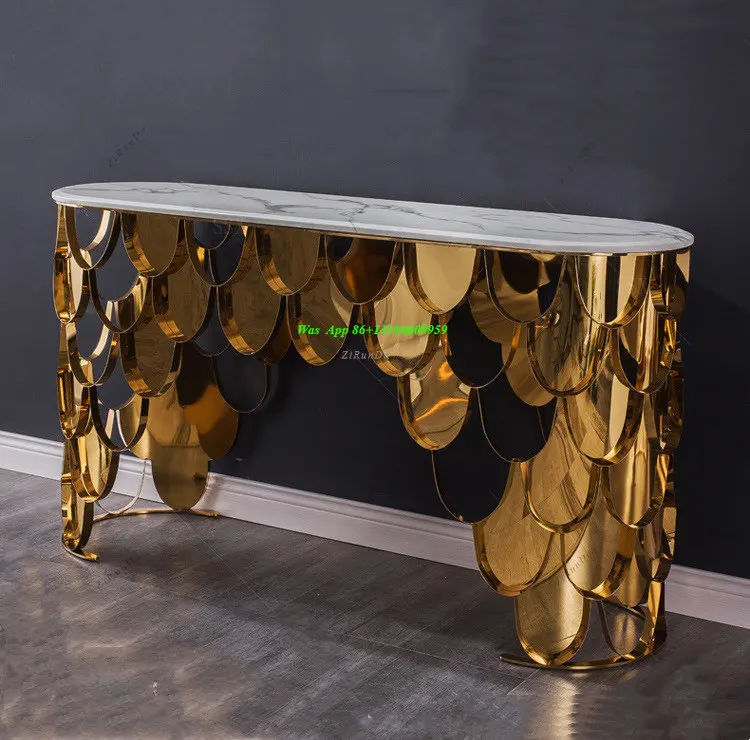 Light Luxury Stainless Steel Marble Entrance Table Foyer Aisle Fish Scale Side Table Hotel Lobby End View Platform
