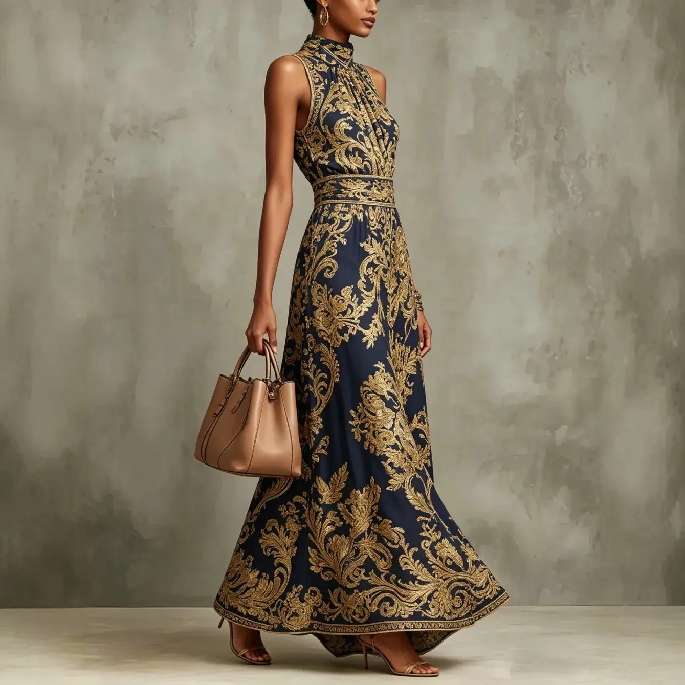 Pullover High Neck Gown High Waist Artistic Retro with Fitted Waist Dress Summer Off Shoulder City Commuting Dress for Women