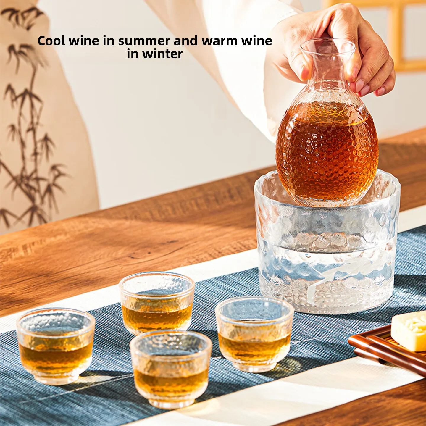 Hammered Sake Set, Thick Glass Wine Warmer with 1 Pot 1 Warmer 4 Cups, Smooth Pouring for Home Dining Table Entertaining