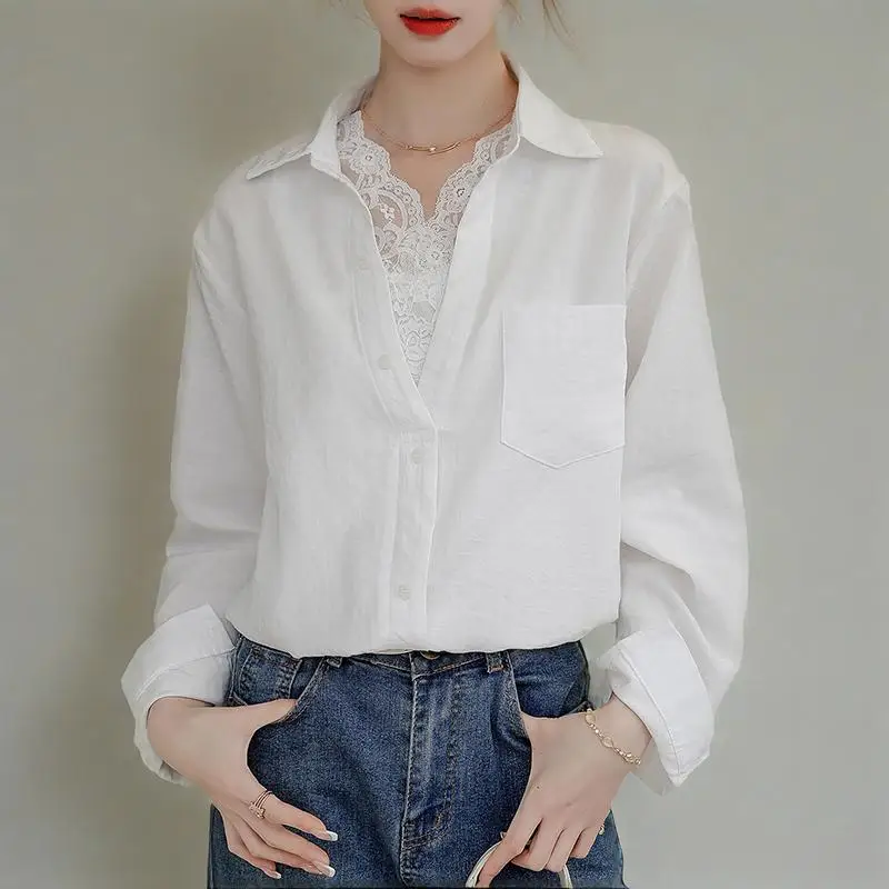 

Long Sleeve Lace Stitching Blouse White Shirt Fashion Women Blusas Mujer De Moda OL Style Tops Casual Clothes