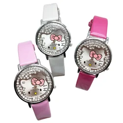 Miniso Anime Cartoon Sanrio Hello Kitty Diamond Round Quartz Girls Students Watch Fashion Kids Leather Belt Watch Birthday Gifts