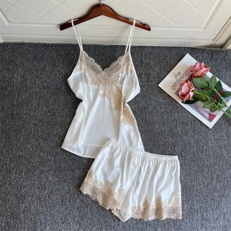 Two Pieces White Pajamas Sleep Set Summer Lace Sleepwear Lady Satin Nightgown Sexy V-Neck Women Camisole Suit Outfits Loungewear