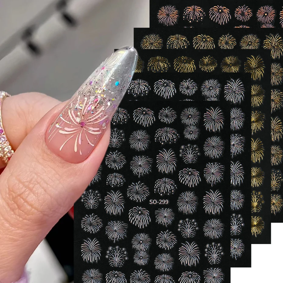 5 Styles of Fireworks Nail Stickers Aurora Colorful Golden Slivery Fireworks Self-Adhesive Acrylic Nail Art Decals for Women