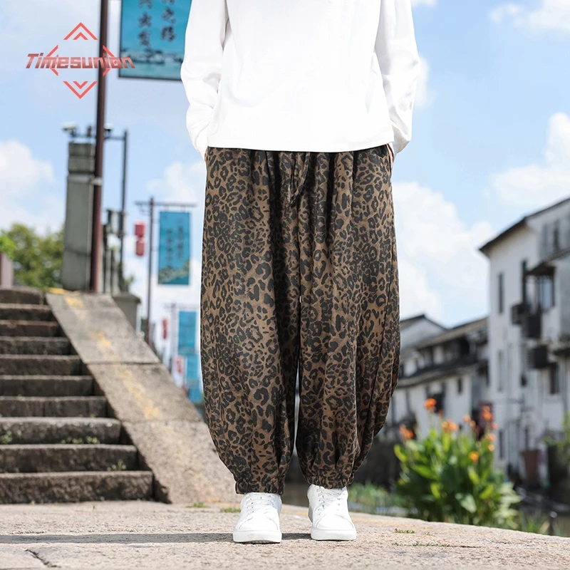 

Мужские брюки в этническом стиле в стиле ретро, шаровары с леопардовым принтом, шаровары с переплетом ног, осенние и зимние повседневные брюки для мужчин