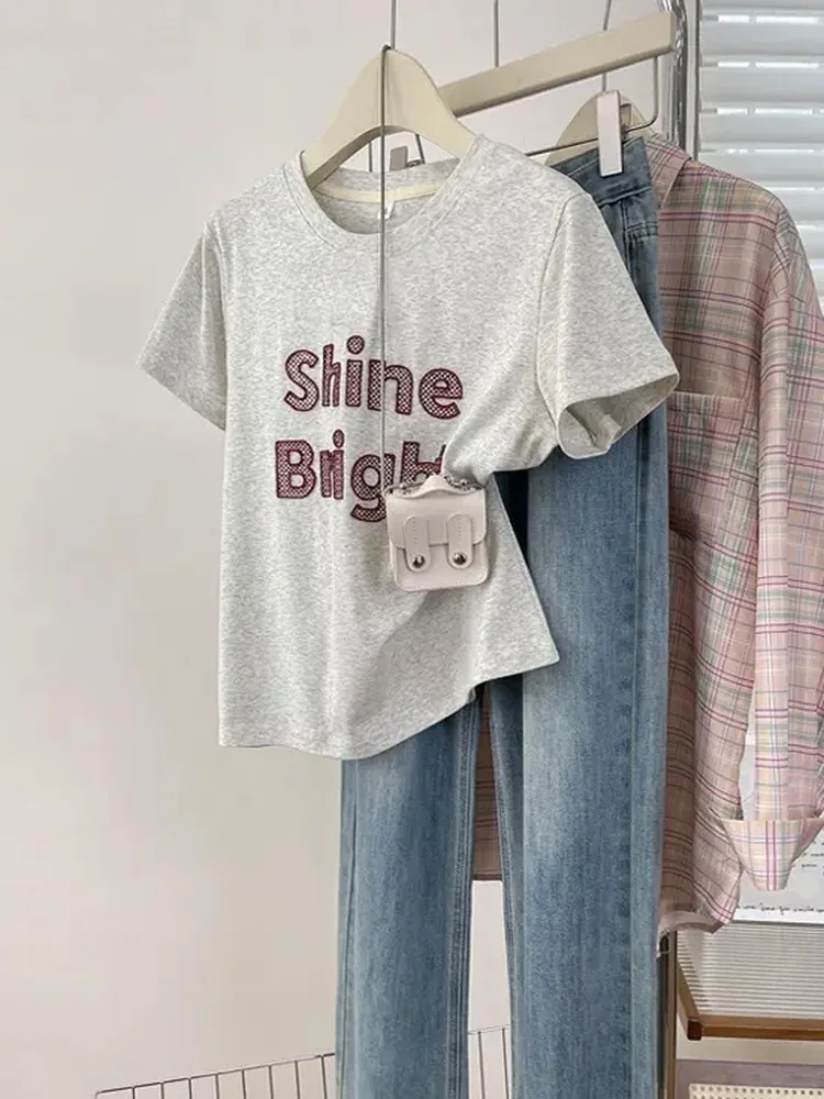 Laid-back Grid Letter Embroidery Design Casual Summer Top Women's Fashion Loose Fit round Neck Short Sleeve Cotton Blend