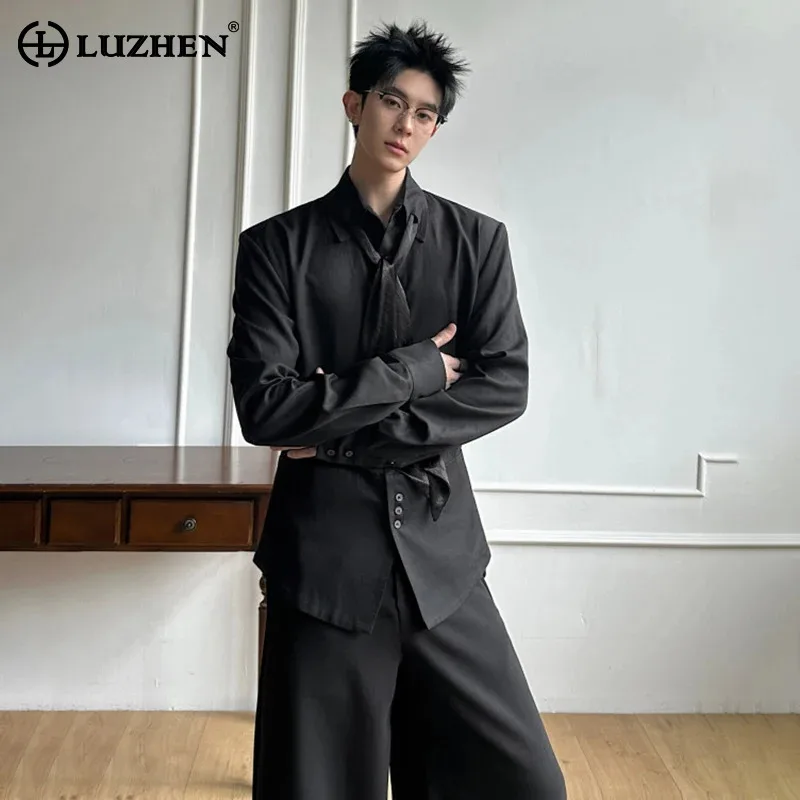 

LUZHEN 2026 Spring New Solid Color Necktie Decorate Long Sleeve Shirts Men's Fashion Elegant Temperament Casual Clothes JY6440