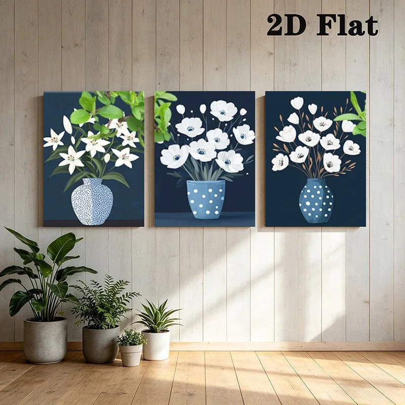 2D Flat, 3pcs Modern Abstract Wall Art - White Flowers in Blue Polka Dot Vase Suitable for Living Room Bedroom Decor, Framele