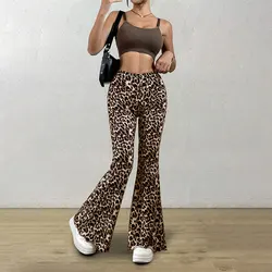 High Waist Leopard Print Flare Leggings Pants Korea Style 2024 Summer Autumn Women Fashion Sexy Bodycon Trousers Club Pants Slim