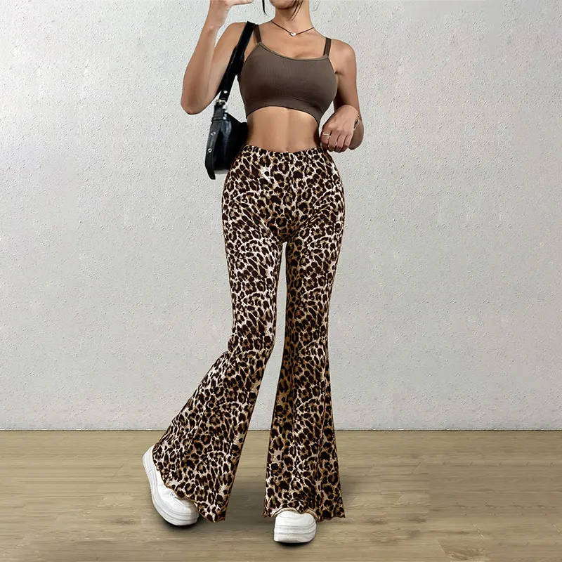 Wysoka talia Leopard Print Flare Legginsy Spodnie Korea Style 2024 Lato Jesień Moda Damska Seksowne Spodnie Bodycon Spodnie Klubowe Slim