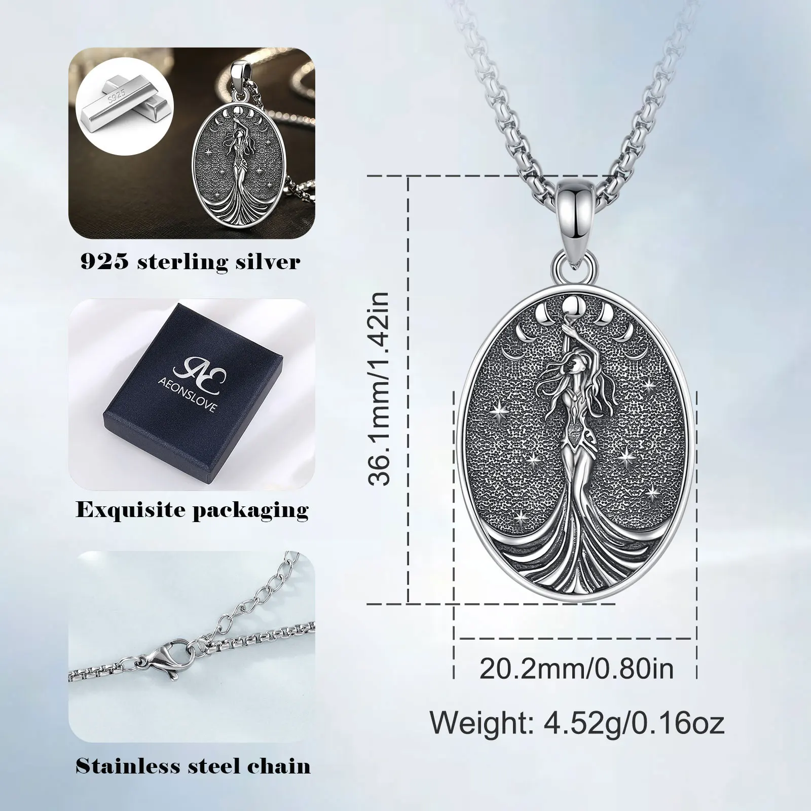 AEONSLOVE 925 Sterling Silver NYX Moon Goddess Necklace Women Celestial Moon Phase Pendant Witch Pagan Jewelry Spiritual Amulet