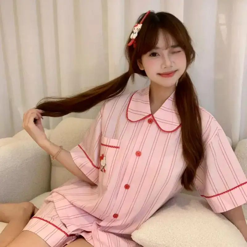 2 قطعة سانريو المرأة الحلو منامة مجموعة مرحبا كيتي منامة مجموعة Kawaii شريط منامة مجموعة الصيف قصيرة الأكمام السراويل ملابس المنزل