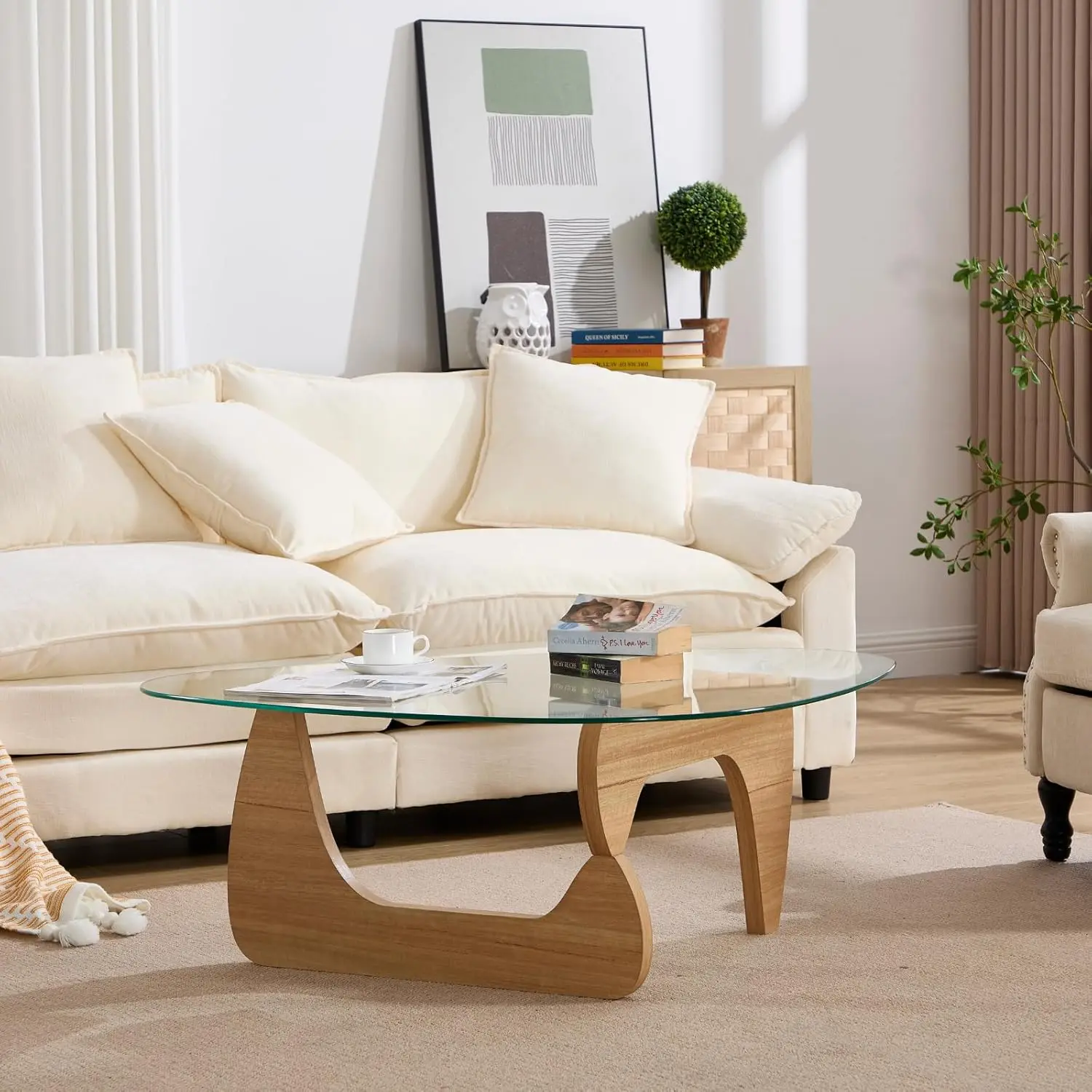 Modern Noguchi Coffee Table, Triangle Coffee Table With Tempered Glass Modern Vintage Glass Tea Table Wood Glass Accent Center