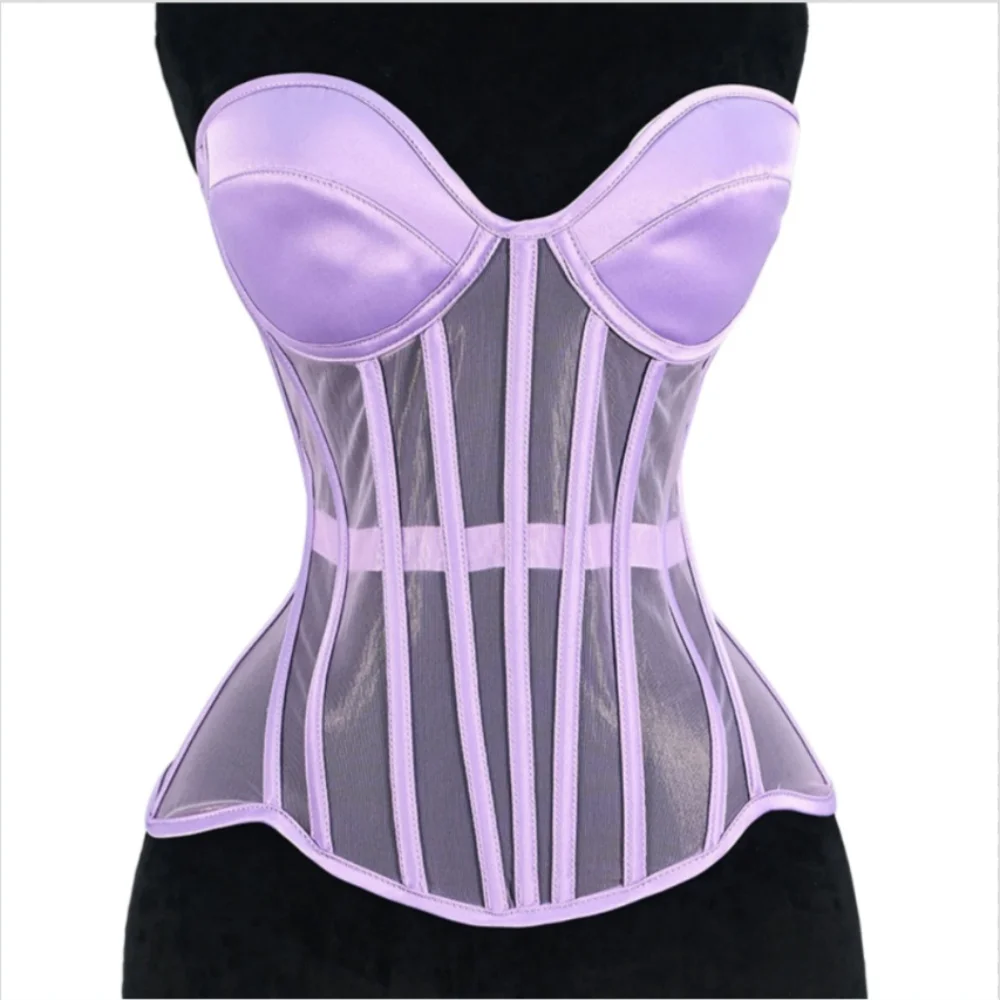 Women Transparent Mesh Overbust Corset Sexy Fishbone Lace-up With Bra Cup Strapless Bodices Lingerie Slimming Shaper Bustier Top