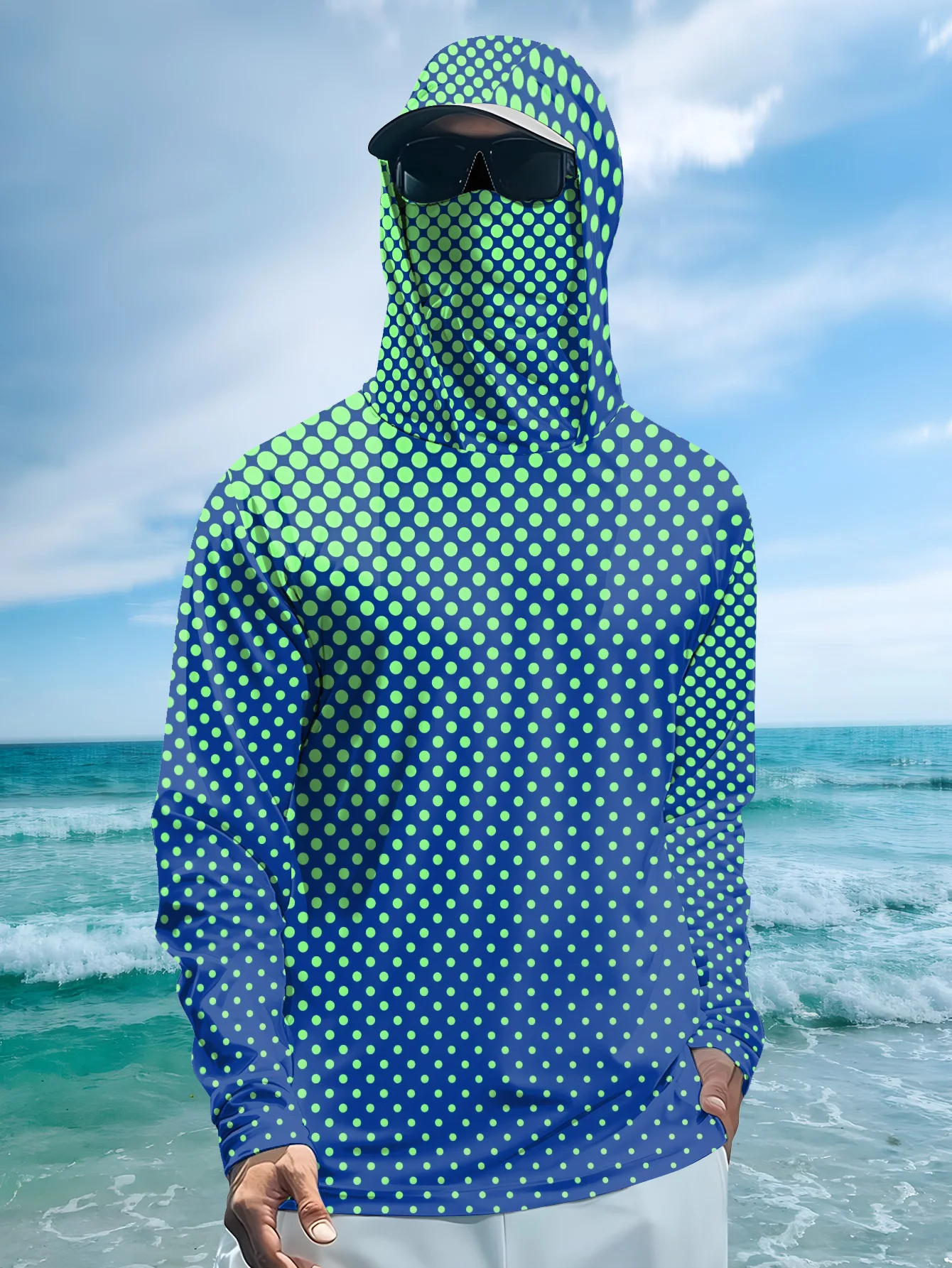 Green Dots Pattern Men Fishing Hooded Shirt Built‑in Face Mask UPF50+ Quick Dry Breathable Outdoor Hiking Tops
