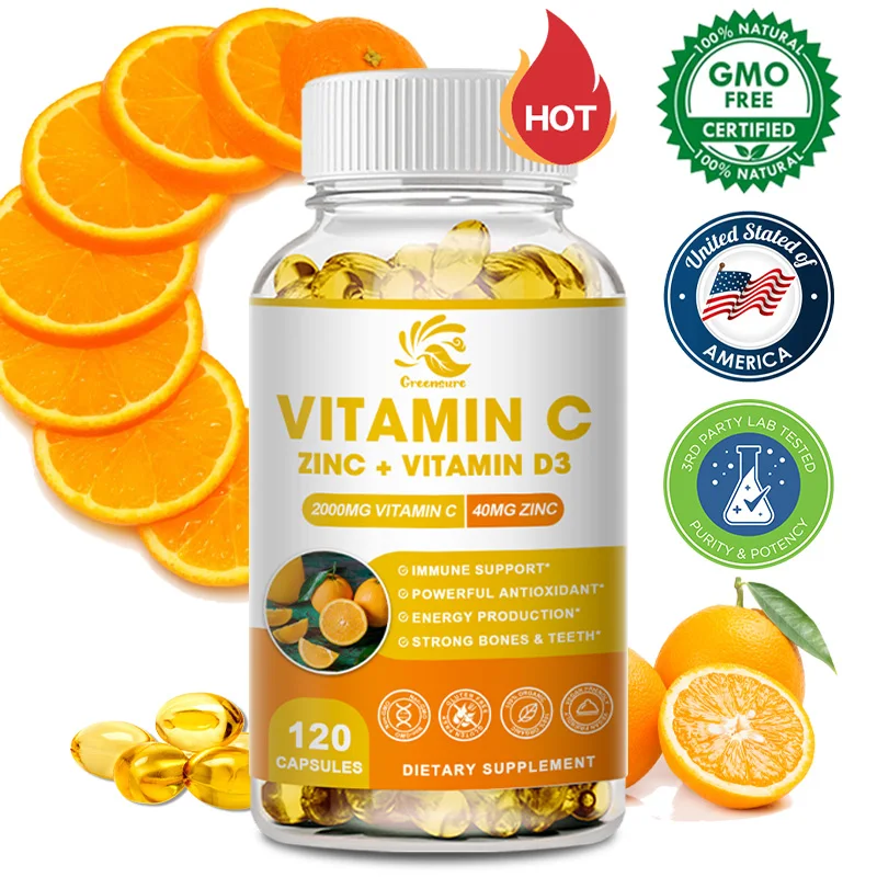 Vitamin C + Zinc - Vitamin C 2000 mg - Zinc 40 mg - High Absorption,Immune System,Skin Health Vitamins - Antioxidant Supplement