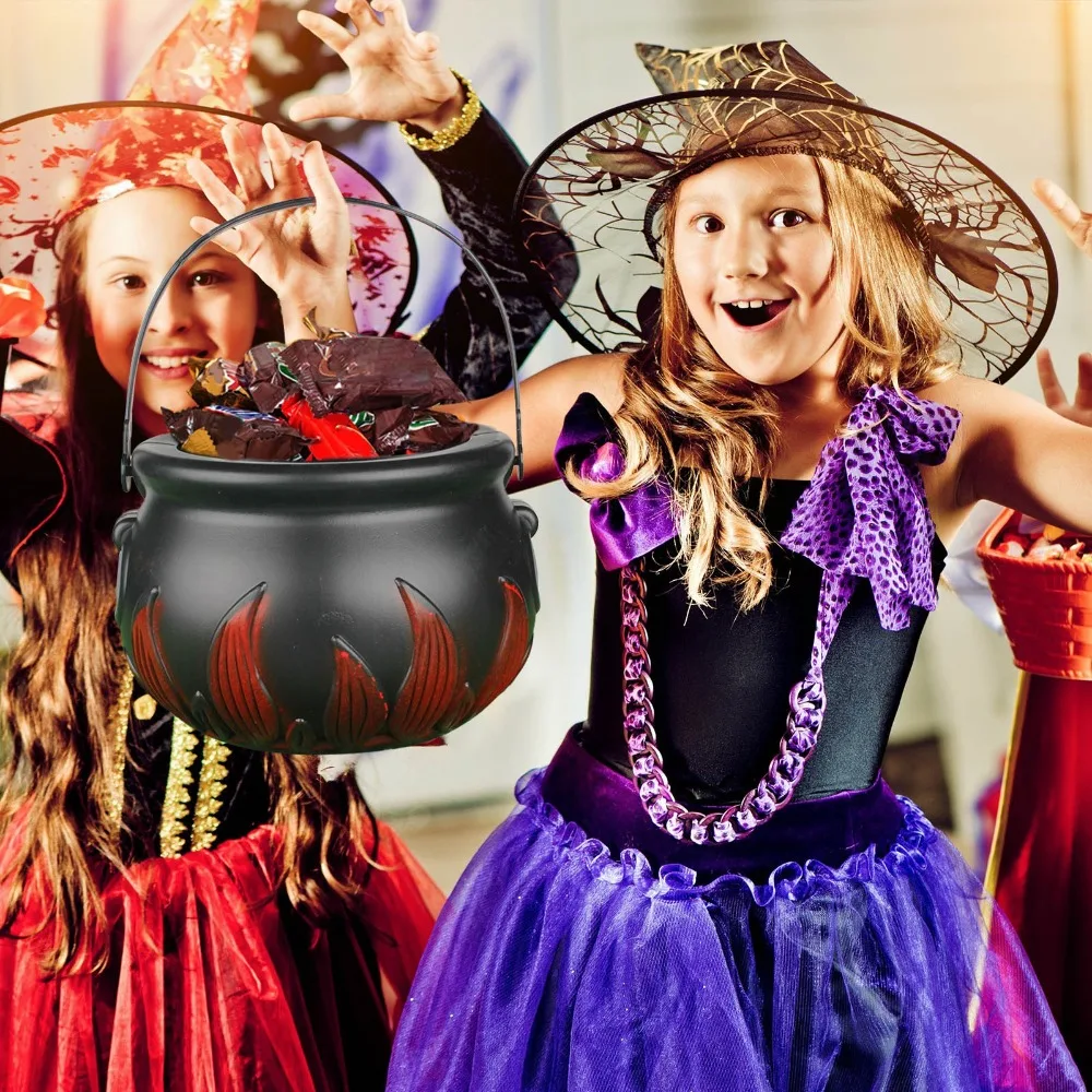 Plastic Christmas Candy Bucket with Handle Wear-resistance Halloween Candy Kettles Storage Black Halloween Cauldron