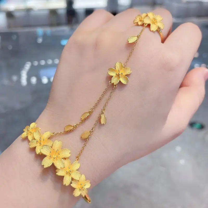 

New 24K Gold Plated Cherry Blossom Bracelet Ring One Piece Chain Jewelry for Women DD10221